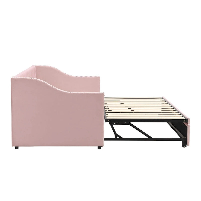 Daybed in velluto con letto estraibile a scomparsa – Grigio / Rosa / Beige, 1-2 posti letto