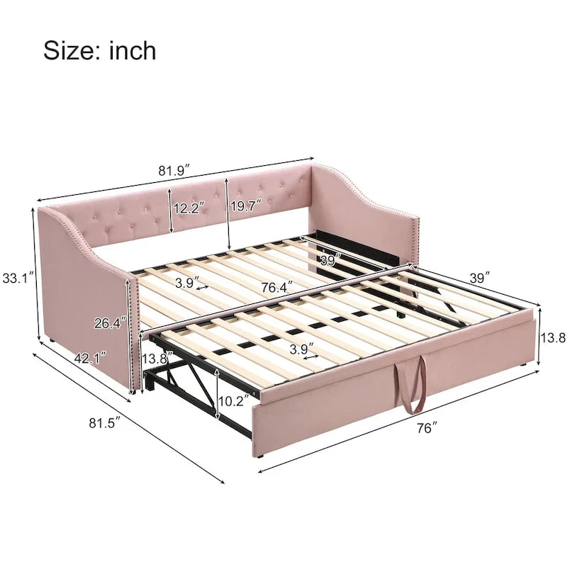 Daybed in velluto con letto estraibile a scomparsa – Grigio / Rosa / Beige, 1-2 posti letto