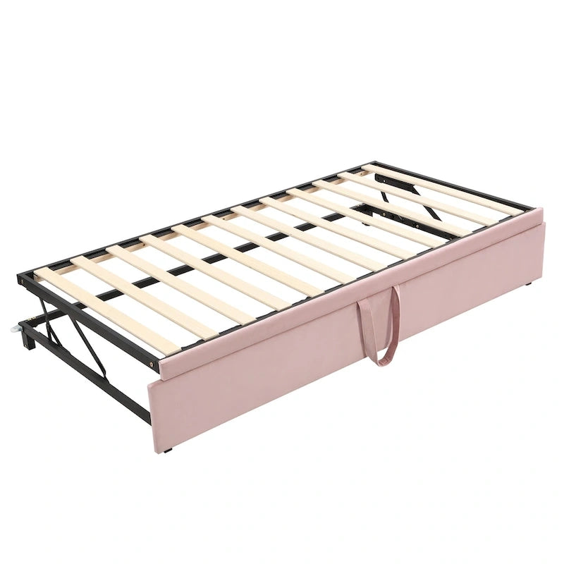 Daybed in velluto con letto estraibile a scomparsa – Grigio / Rosa / Beige, 1-2 posti letto