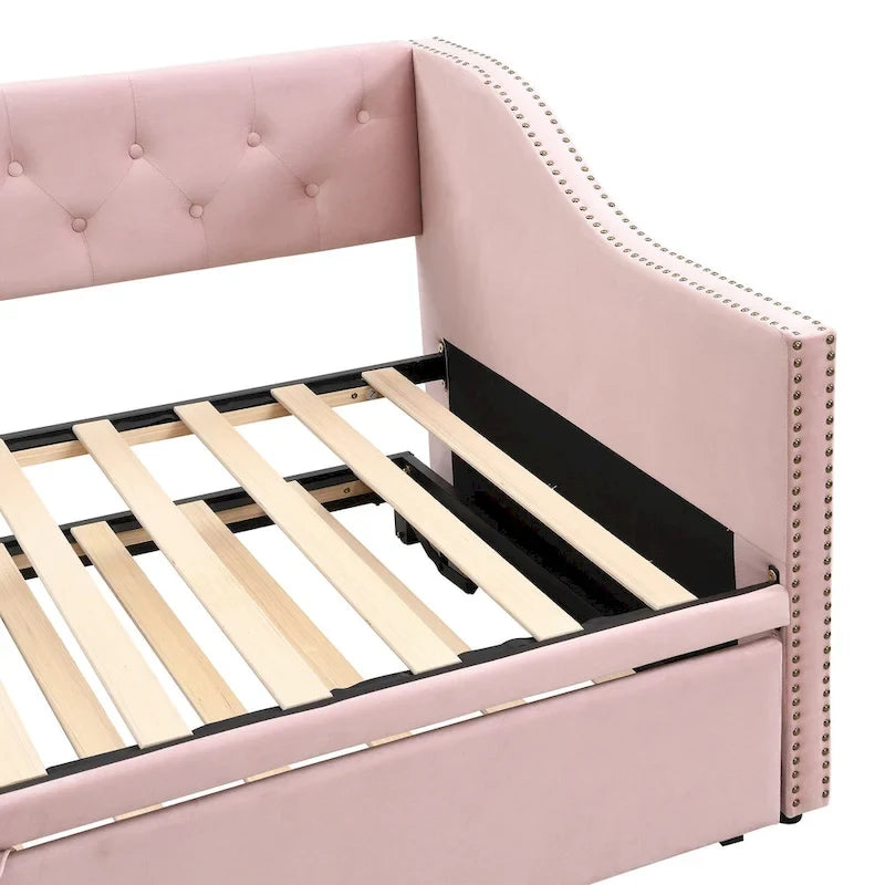 Daybed in velluto con letto estraibile a scomparsa – Grigio / Rosa / Beige, 1-2 posti letto