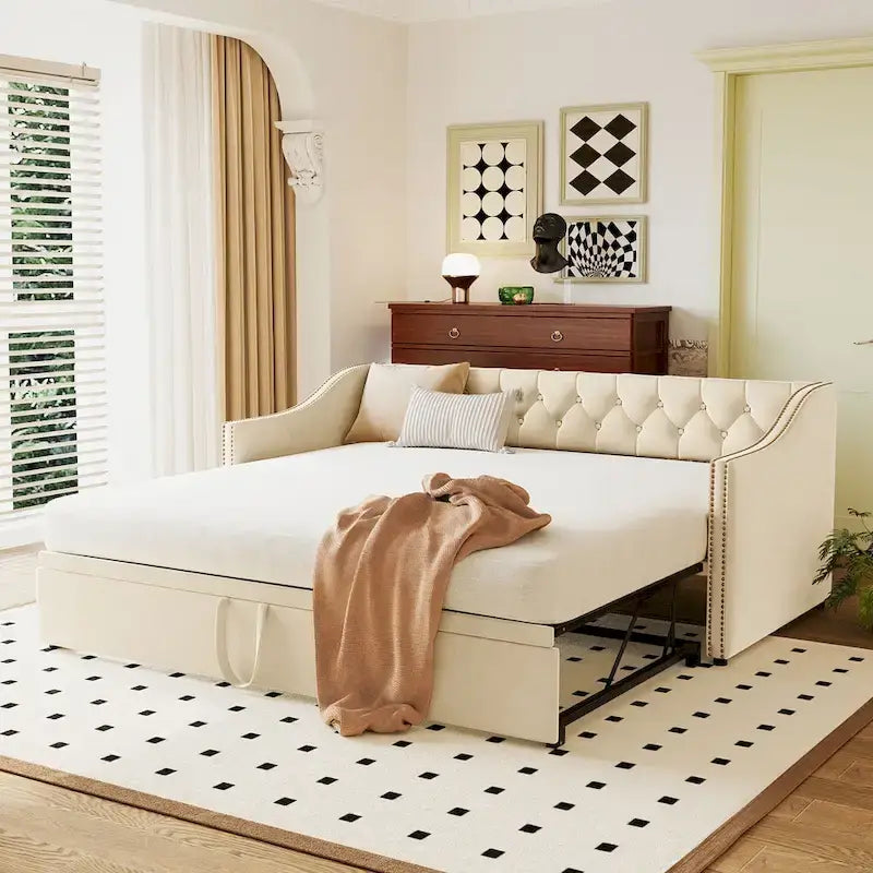 Daybed in velluto con letto estraibile a scomparsa – Grigio / Rosa / Beige, 1-2 posti letto