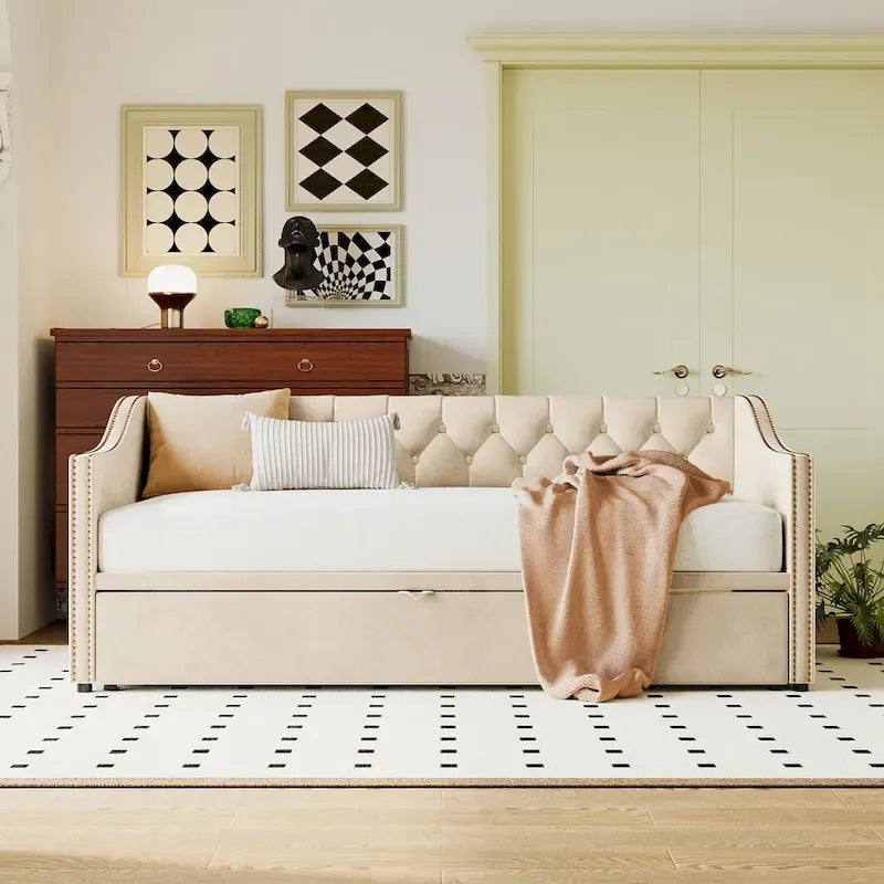 Daybed in velluto con letto estraibile a scomparsa – Grigio / Rosa / Beige, 1-2 posti letto