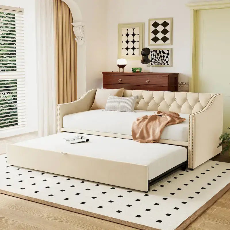 Daybed in velluto con letto estraibile a scomparsa – Grigio / Rosa / Beige, 1-2 posti letto