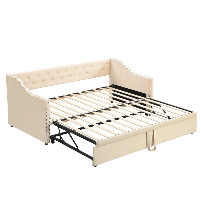 Daybed in velluto con letto estraibile a scomparsa – Grigio / Rosa / Beige, 1-2 posti letto