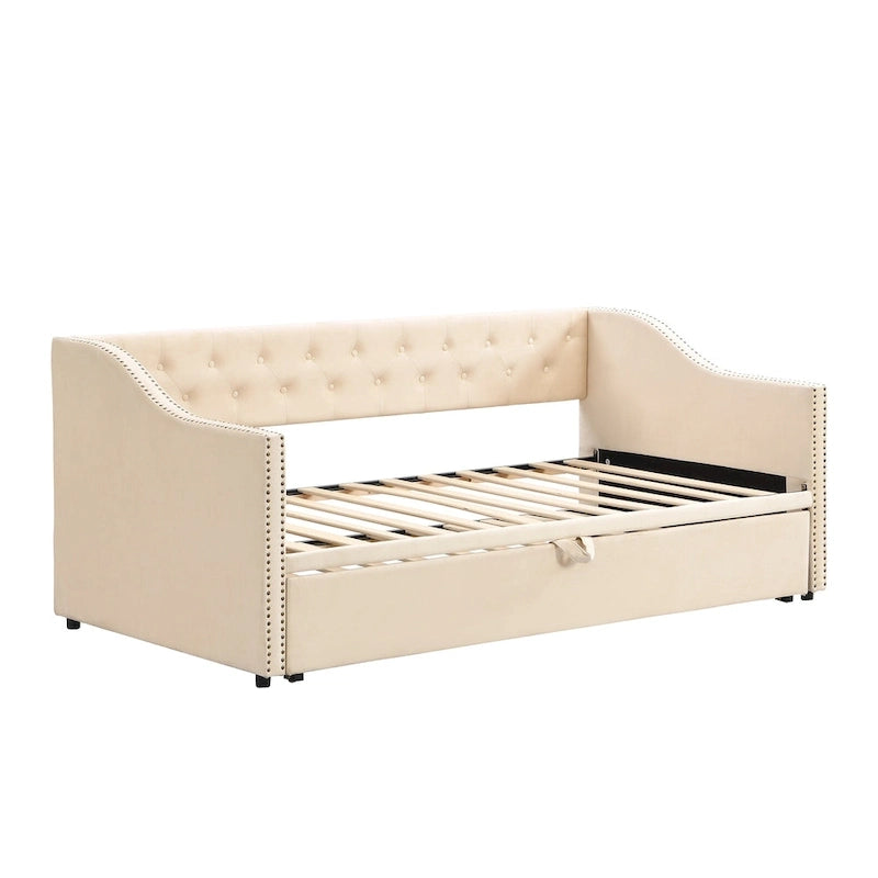 Daybed in velluto con letto estraibile a scomparsa – Grigio / Rosa / Beige, 1-2 posti letto
