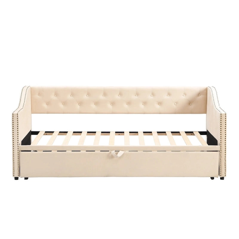 Daybed in velluto con letto estraibile a scomparsa – Grigio / Rosa / Beige, 1-2 posti letto