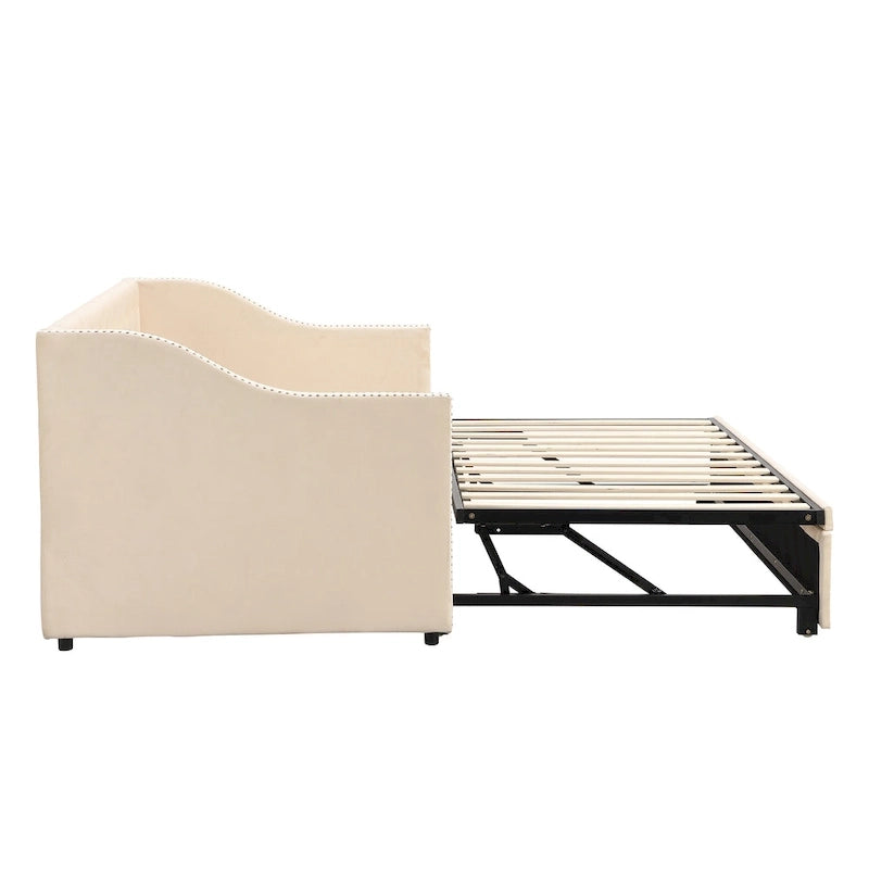 Daybed in velluto con letto estraibile a scomparsa – Grigio / Rosa / Beige, 1-2 posti letto