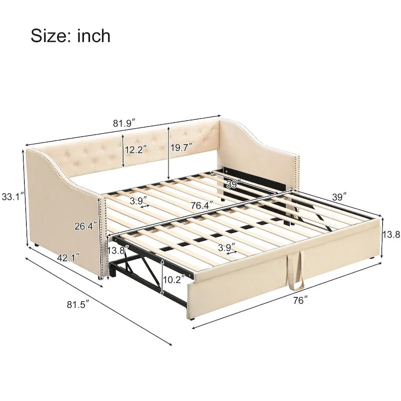 Daybed in velluto con letto estraibile a scomparsa – Grigio / Rosa / Beige, 1-2 posti letto