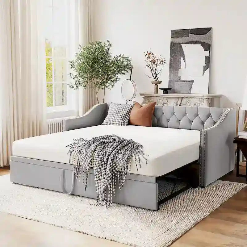 Daybed in velluto con letto estraibile a scomparsa – Grigio / Rosa / Beige, 1-2 posti letto