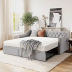 Daybed in velluto con letto estraibile a scomparsa – Grigio / Rosa / Beige, 1-2 posti letto
