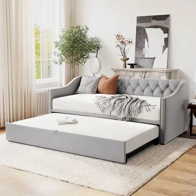 Daybed in velluto con letto estraibile a scomparsa – Grigio / Rosa / Beige, 1-2 posti letto