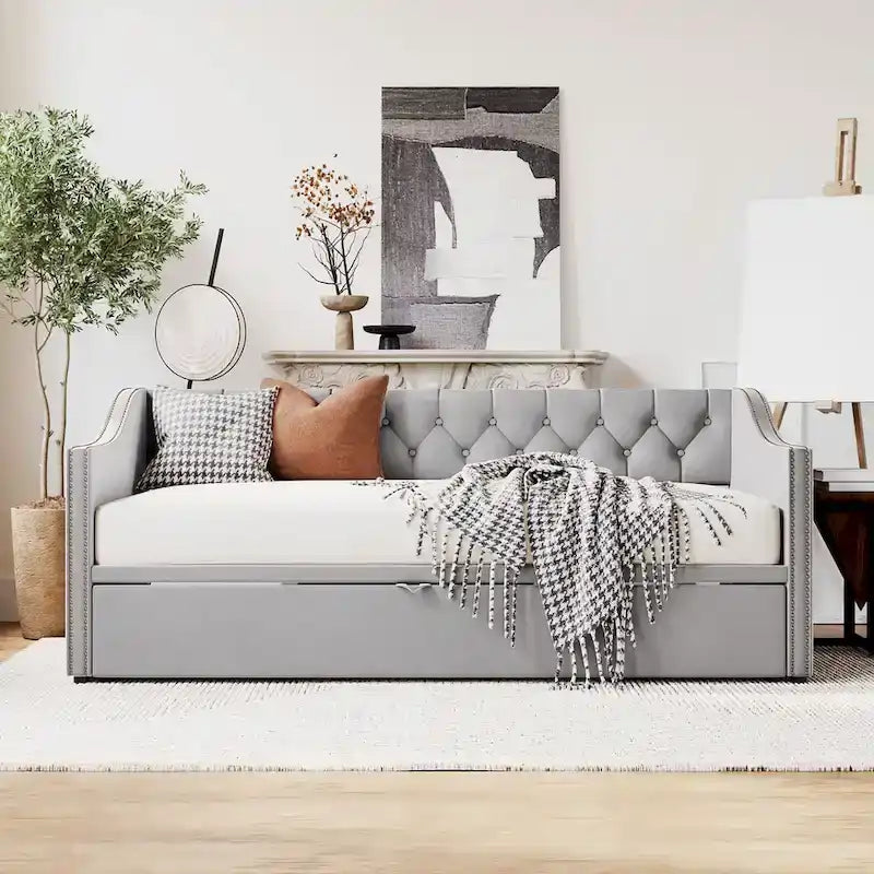 Daybed in velluto con letto estraibile a scomparsa – Grigio / Rosa / Beige, 1-2 posti letto