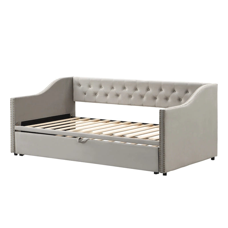 Daybed in velluto con letto estraibile a scomparsa – Grigio / Rosa / Beige, 1-2 posti letto