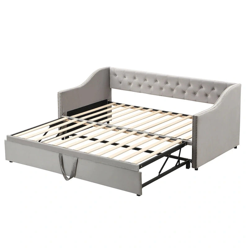 Daybed in velluto con letto estraibile a scomparsa – Grigio / Rosa / Beige, 1-2 posti letto
