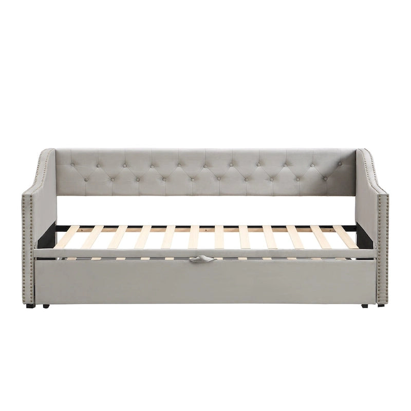 Daybed in velluto con letto estraibile a scomparsa – Grigio / Rosa / Beige, 1-2 posti letto