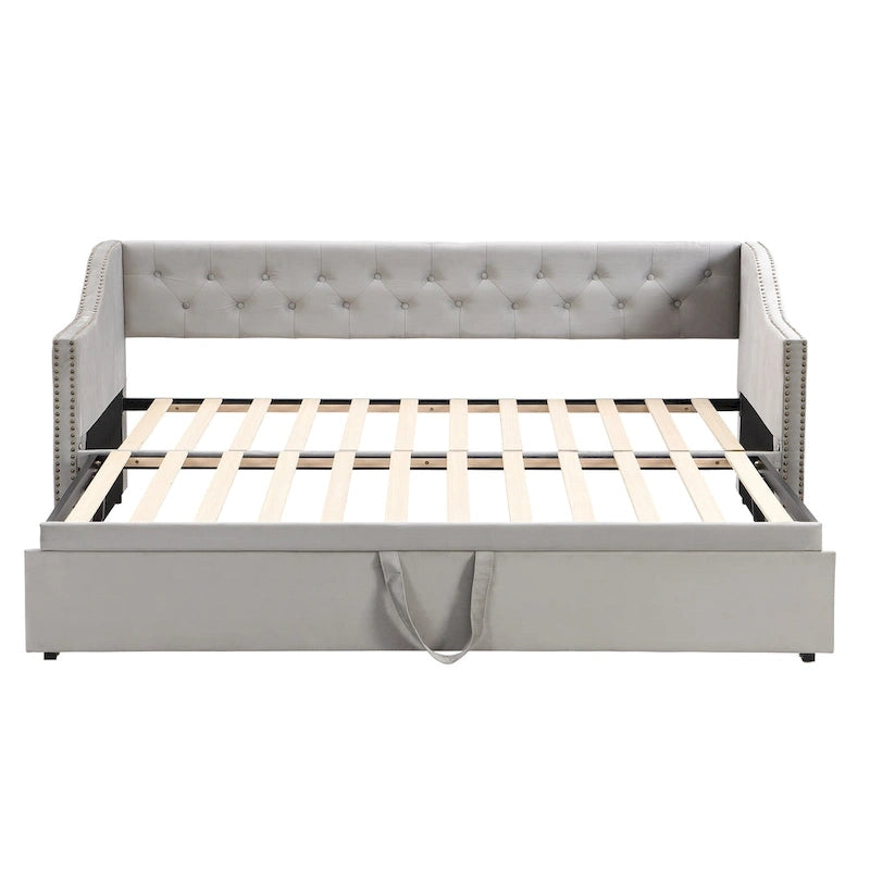 Daybed in velluto con letto estraibile a scomparsa – Grigio / Rosa / Beige, 1-2 posti letto