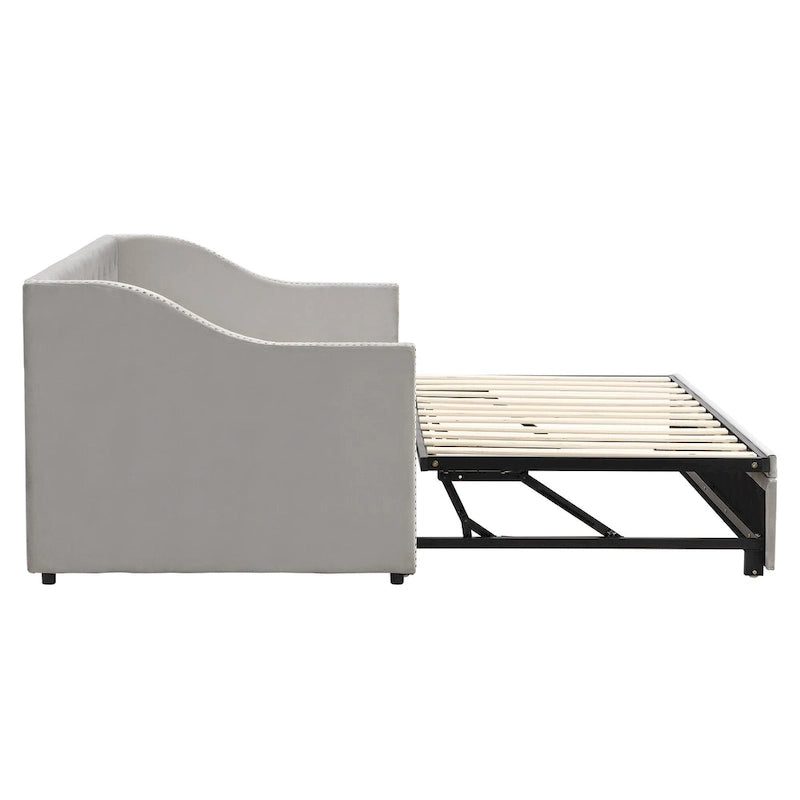 Daybed in velluto con letto estraibile a scomparsa – Grigio / Rosa / Beige, 1-2 posti letto