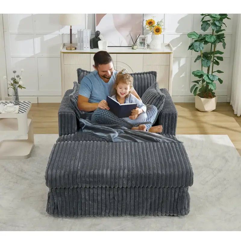 Chaise longue con ottomana in velluto a coste grigio scuro/beige/grigio chiaro, 1 posto
