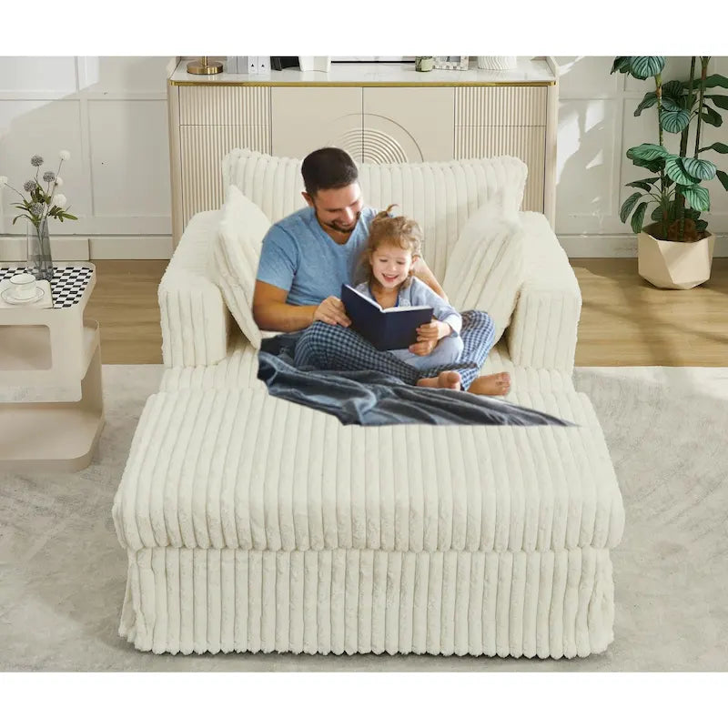 Chaise longue con ottomana in velluto a coste grigio scuro/beige/grigio chiaro, 1 posto