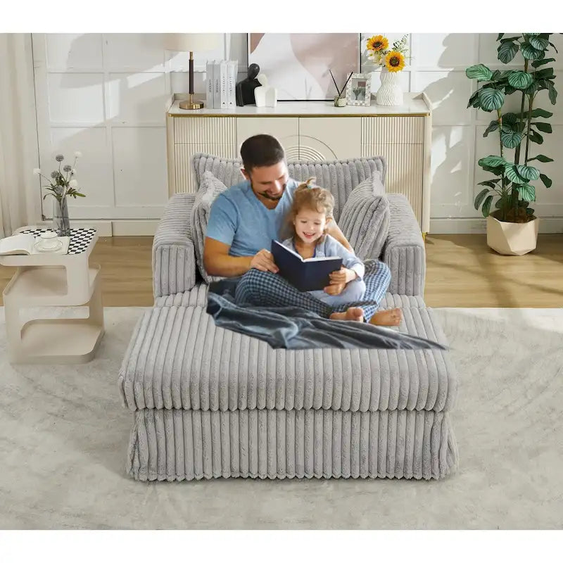 Chaise longue con ottomana in velluto a coste grigio scuro/beige/grigio chiaro, 1 posto