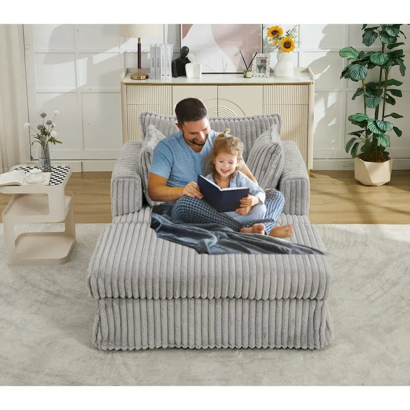 Chaise longue con ottomana in velluto a coste grigio scuro/beige/grigio chiaro, 1 posto