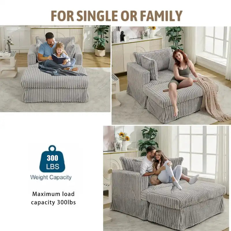 Chaise longue con ottomana in velluto a coste grigio scuro/beige/grigio chiaro, 1 posto