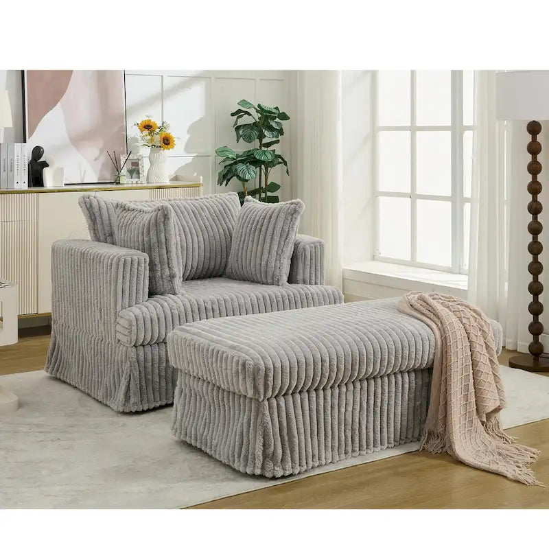 Chaise longue con ottomana in velluto a coste grigio scuro/beige/grigio chiaro, 1 posto