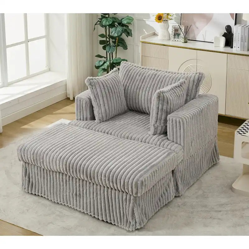 Chaise longue con ottomana in velluto a coste grigio scuro/beige/grigio chiaro, 1 posto