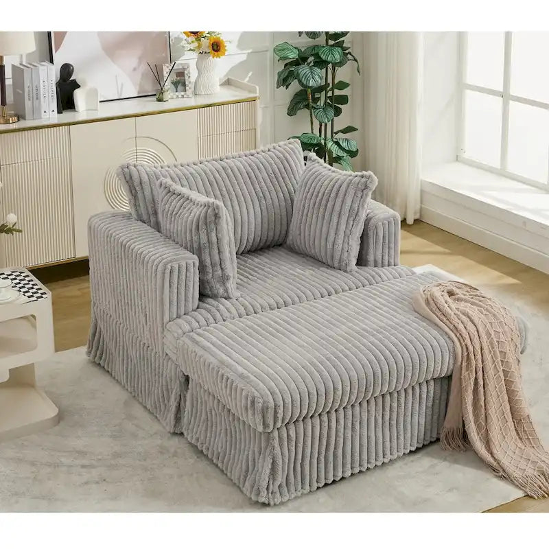 Chaise longue con ottomana in velluto a coste grigio scuro/beige/grigio chiaro, 1 posto