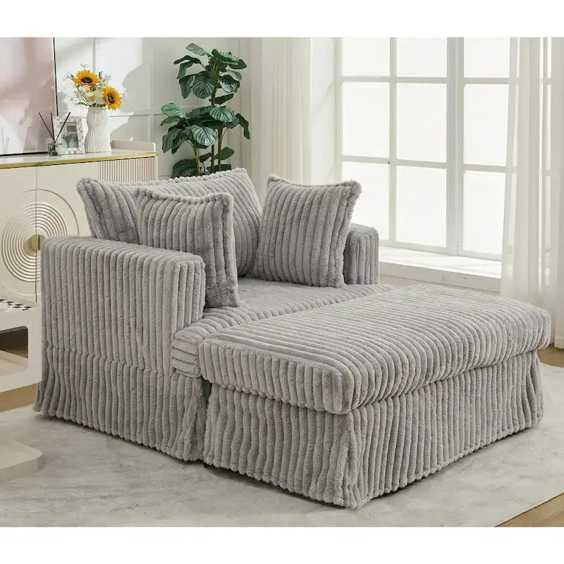 Chaise longue con ottomana in velluto a coste grigio scuro/beige/grigio chiaro, 1 posto