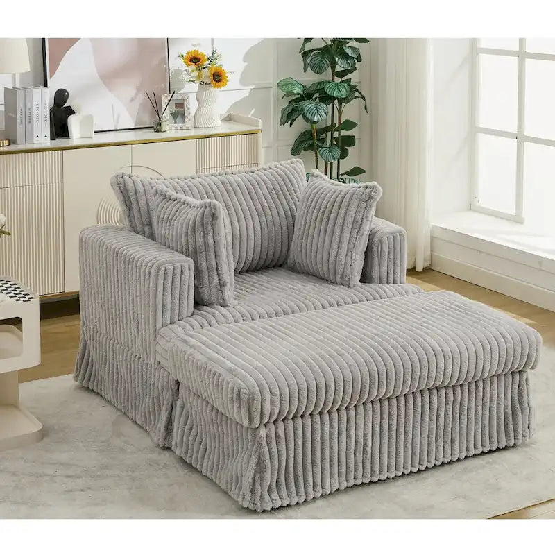 Chaise longue con ottomana in velluto a coste grigio scuro/beige/grigio chiaro, 1 posto