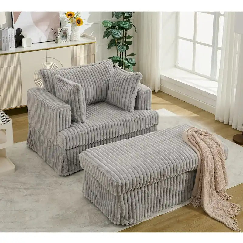 Chaise longue con ottomana in velluto a coste grigio scuro/beige/grigio chiaro, 1 posto