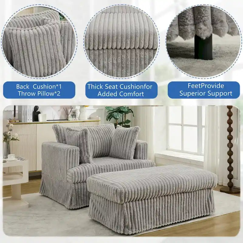 Chaise longue con ottomana in velluto a coste grigio scuro/beige/grigio chiaro, 1 posto
