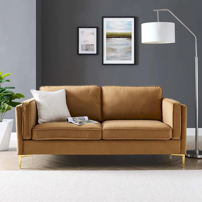 Divano a 3 posti in velluto Performance, stile Mid-Century – Blu notte / Antracite / Beige / Cognac