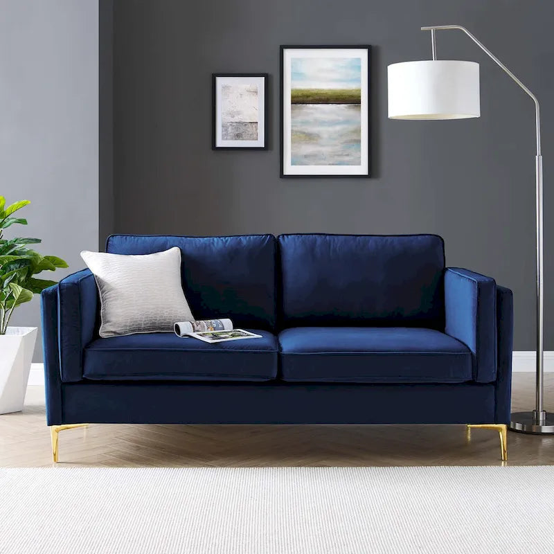 Divano a 3 posti in velluto Performance, stile Mid-Century – Blu notte / Antracite / Beige / Cognac