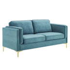 Divano a 3 posti in velluto Performance, stile Mid-Century – Blu notte / Antracite / Beige / Cognac