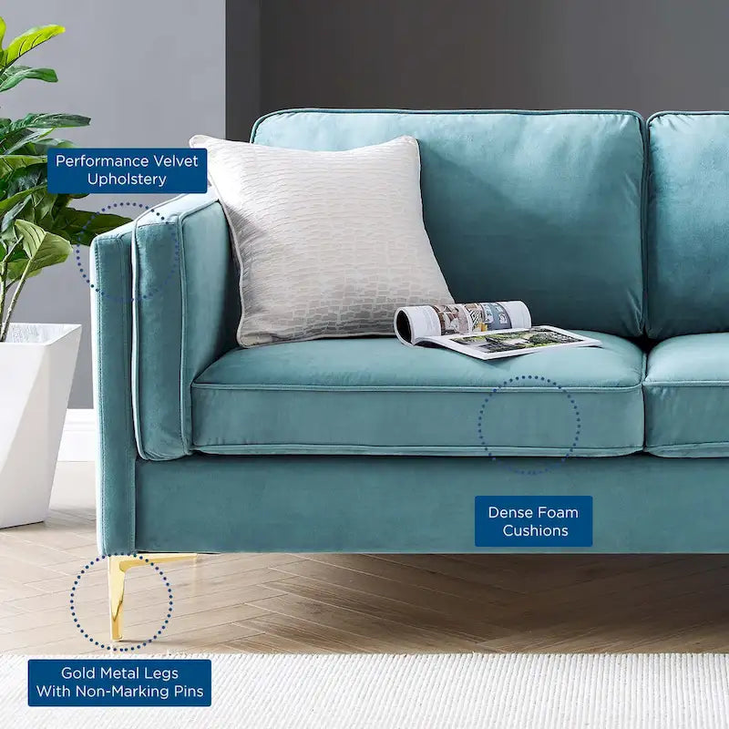 Divano a 3 posti in velluto Performance, stile Mid-Century – Blu notte / Antracite / Beige / Cognac