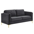 Divano a 3 posti in velluto Performance, stile Mid-Century – Blu notte / Antracite / Beige / Cognac