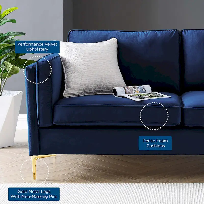Divano a 3 posti in velluto Performance, stile Mid-Century – Blu notte / Antracite / Beige / Cognac