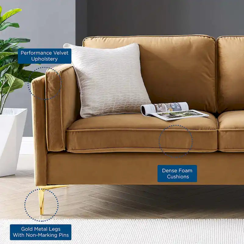 Divano a 3 posti in velluto Performance, stile Mid-Century – Blu notte / Antracite / Beige / Cognac