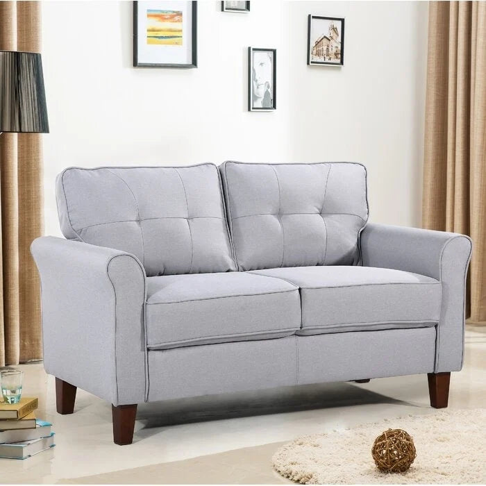 Divanetto in lino con braccioli svasati, 2 posti – Grigio chiaro / Grigio scuro / Beige