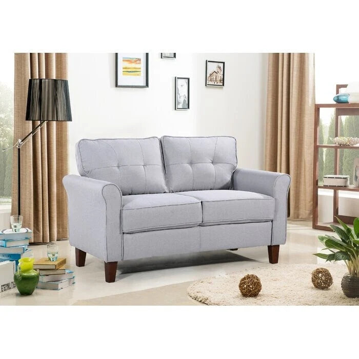 Divanetto in lino con braccioli svasati, 2 posti – Grigio chiaro / Grigio scuro / Beige