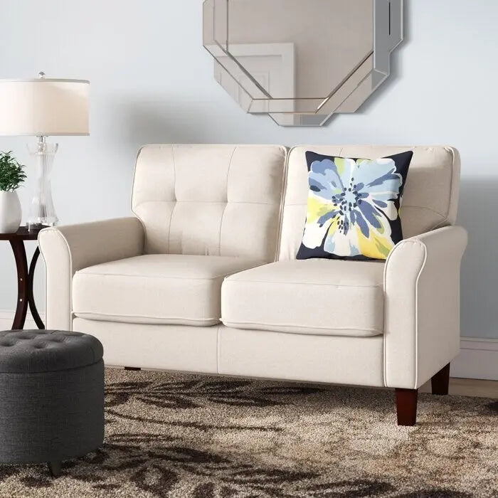 Divanetto in lino con braccioli svasati, 2 posti – Grigio chiaro / Grigio scuro / Beige