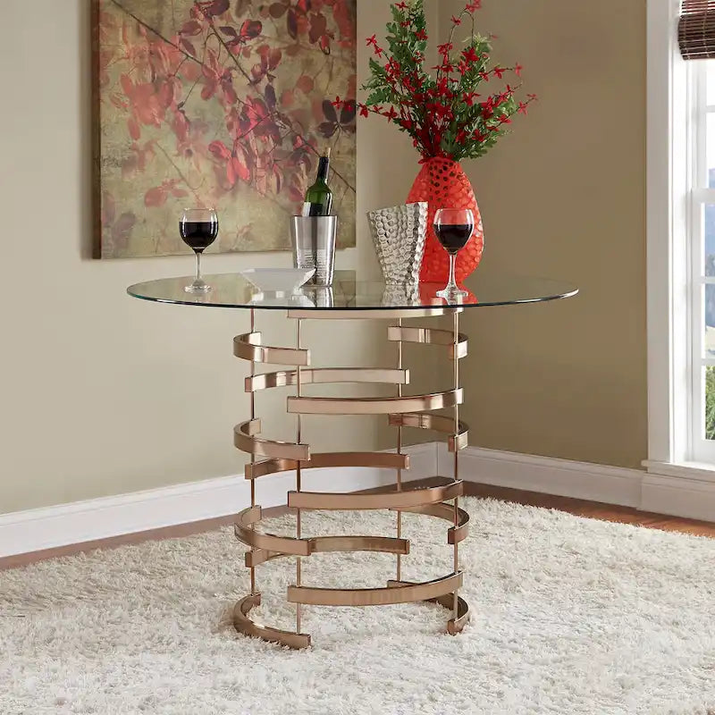 Set da pranzo con tavolo rotondo in vetro, oro champagne/cromo, 5 pezzi (1 tavolo + 4 sgabelli)