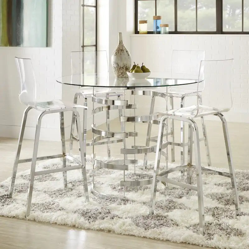 Set da pranzo con tavolo rotondo in vetro, oro champagne/cromo, 5 pezzi (1 tavolo + 4 sgabelli)