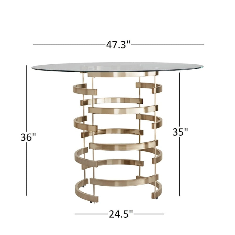 Set da pranzo con tavolo rotondo in vetro, oro champagne/cromo, 5 pezzi (1 tavolo + 4 sgabelli)