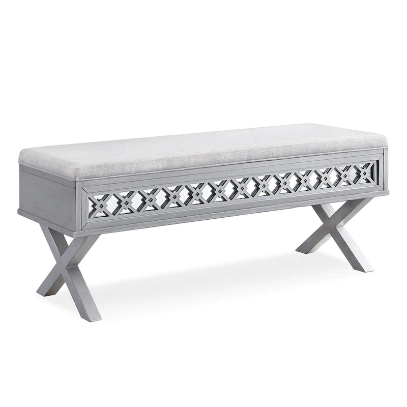 Panca Contenitore X-Base Sollevabile con Finitura a Foglia Argento a Specchio con Filigrana a Diamante, 1 Posto