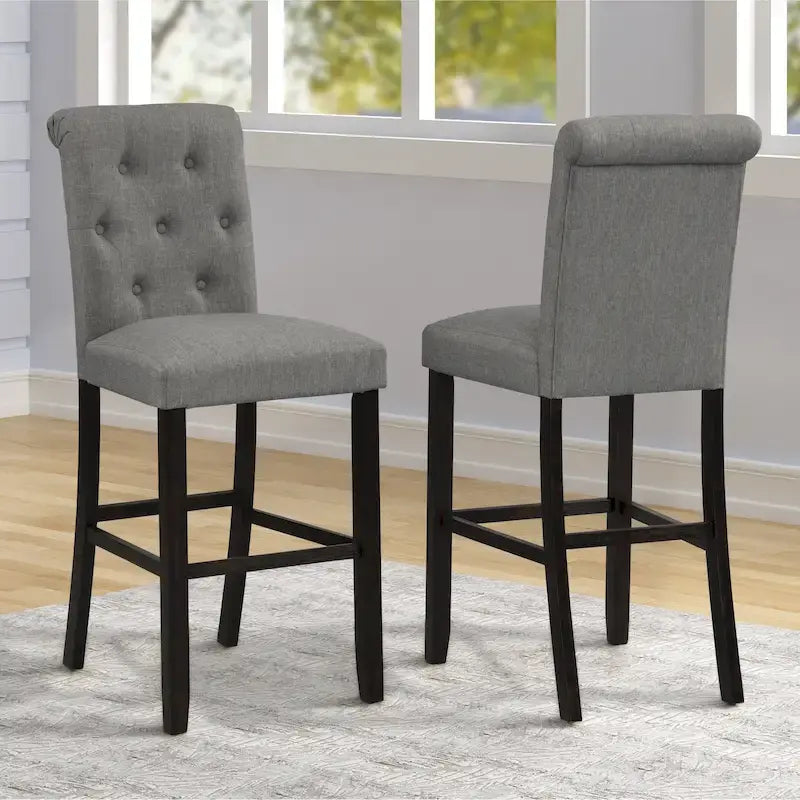 Sgabello da bar imbottito con gambe in legno, colore tortora/blu/grigio, set da 2