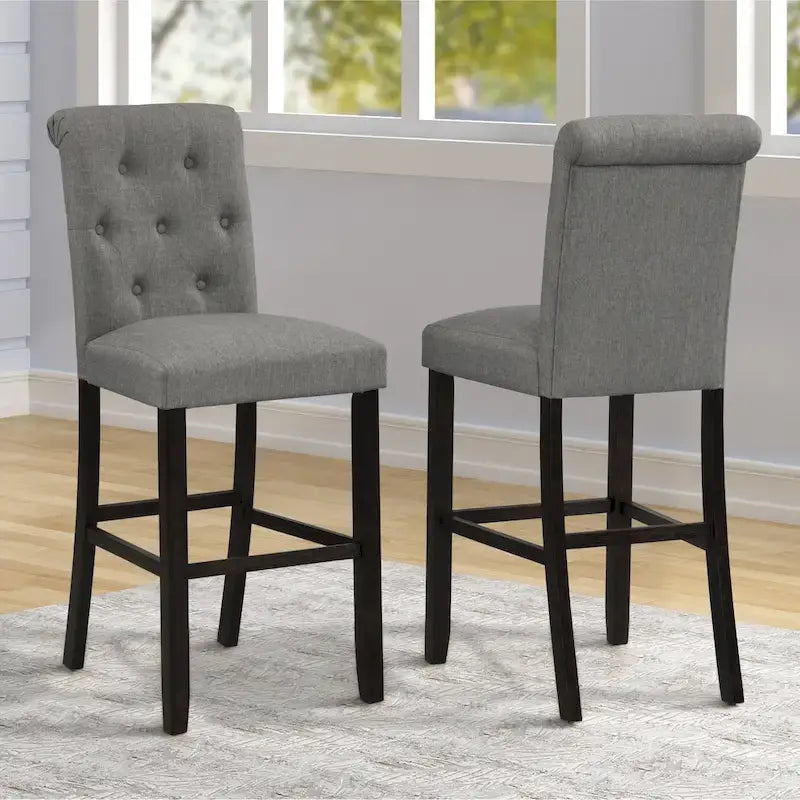 Sgabello da bar imbottito con gambe in legno, colore tortora/blu/grigio, set da 2