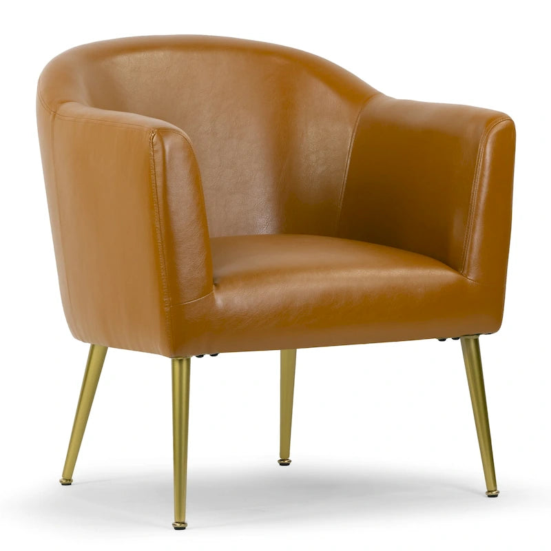 Poltrona singola in similpelle marrone con gambe in metallo color oro